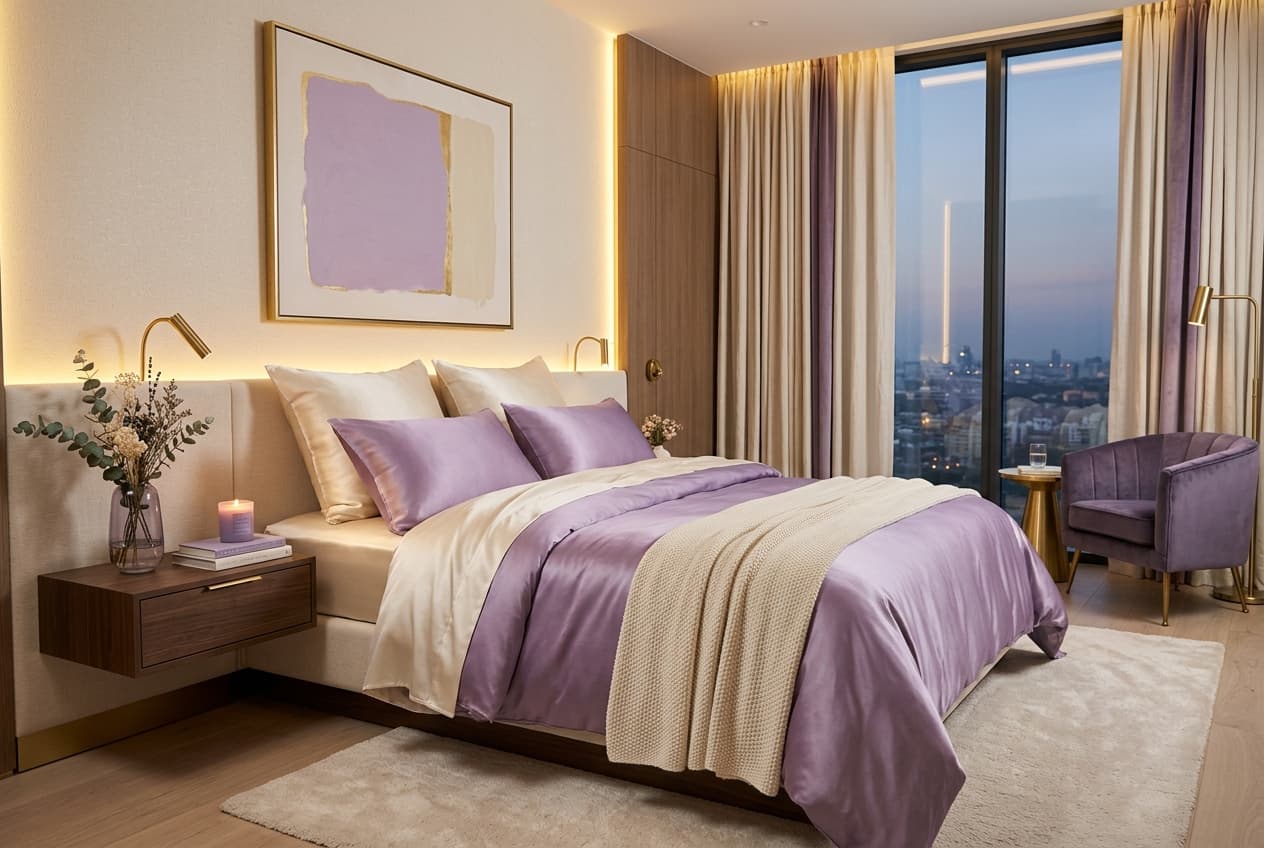 Luxurious lavender and cream silk bedding set styled with warm gold lighting