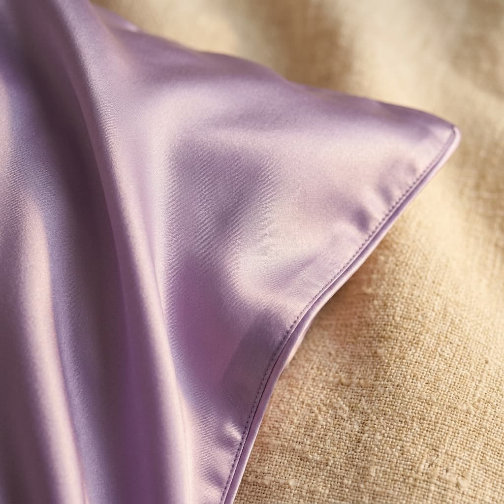 Macro detail of soft lavender Silk Pillowcase texture